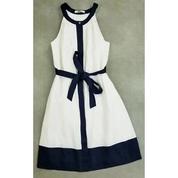 DKNYC XS Womens Sleeveless Hiden Button Inner Linned Linen White Blue Trim Dress - Picture 1 of 15